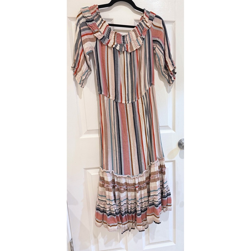 Buffalo David Bitton Striped Maxi Dress Ruffle Neck Casual Boho Medium